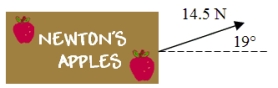 An apple crate with a weight of 225 N accelerates along a frictionless surface as the crate is pulled with a force of 14.5 N as shown in the drawing. What is the horizontal acceleration of the crate?   A) 1.40 m/s<sup>2</sup> B) 0.427 m/s<sup>2</sup> C) 1.29 m/s<sup>2</sup> D) 0.597 m/s<sup>2</sup> E) 0.644 m/s<sup>2</sup>