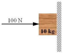  A 10-kg block is pushed against a vertical wall by a horizontal force of 100 N as shown in the figure.The coefficient of static friction, \mu <sub>s</sub>, between the block and the wall is 0.60; and the coefficient of kinetic friction,  \mu <sub>k</sub>, is 0.40.Which one of the following statements is true, if the block is initially at rest?   A) The total force exerted on the block by the wall is directed horizontally. B) The block slides down the wall with an acceleration of magnitude 3.8 m/s<sup>2</sup>. C) The block will slide down the wall because the force of static friction can be no larger than 60 N. D) The block will remain at rest because the coefficient of static friction is greater than the coefficient of kinetic friction. E) The block will slide down the wall because the coefficient of kinetic friction is less than the coefficient of static friction. 