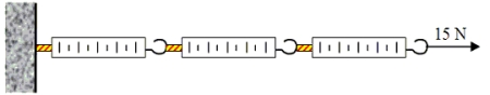 Three spring scales are attached along a straight line as shown.The scale on the left is attached to a wall.A force of 15 N is applied to the scale at the right.   What is the reading on the middle scale? A) 0 N B) 45 N C) 10 N D) 5 N E) 15 N