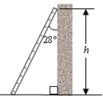 A 3.0-m ladder leans against a wall and makes an angle with the wall of 28° as shown in the drawing.What is the height h above the ground where the ladder makes contact with the wall?   A) 2.6 m B) 2.3 m C) 2.1 m D) 1.9 m E) 1.6 m