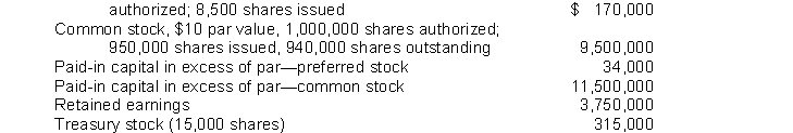 Vega Corporation's December 31, 2018 balance sheet showed the following: 8% preferred stock, $20 par value, cumulative, 10,000 shares   Vega's total stockholders' equity was A)  $24,669,000. B)  $24,690,000. C)  $25,269,000. D)  $24,639,000.