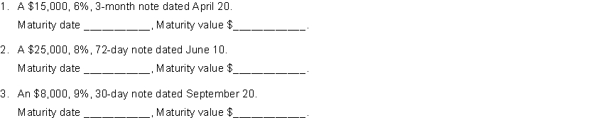 Compute the maturity date and the maturity value associated with each of the following notes receivables.  