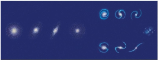 In this diagram, the galaxy at the left side is a(n)    A)  barred spiral. B)  spiral. C)  Seyfert. D)  elliptical. E)  irregular.