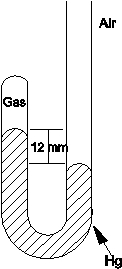 What is the pressure of the gas trapped in the apparatus shown below when the atmospheric pressure is 720 mmHg?   A) 12 mmHg B) 708 mmHg C) 720 mmHg D) 732 mmHg E) 760 mmHg