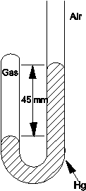 Determine the pressure of the gas trapped in the apparatus shown below when the atmospheric pressure is 695 mmHg.   A) 45 mmHg B) 650 mmHg C) 695 mmHg D) 740 mmHg E) 760 mmHg