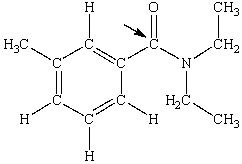 N,N-diethyl-m-tolumide (DEET) is the active ingredient in many mosquito repellents. What is the hybridization state of carbon indicated by the arrow in the structure of DEET shown below?   A) sp B) sp<sup>2</sup> C) sp<sup>3</sup> D) sp<sup>3</sup>d E) sp<sup>3</sup>d<sup>2</sup>