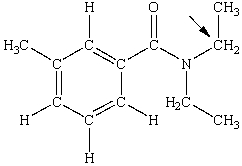 N,N-diethyl-m-tolumide (DEET) is the active ingredient in many mosquito repellents. What is the hybridization state of carbon indicated by the arrow in the structure of DEET shown below?   A) sp B) sp<sup>2</sup> C) sp<sup>3</sup> D) sp<sup>3</sup>d E) sp<sup>3</sup>d<sup>2</sup>