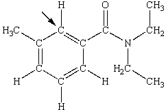N,N-diethyl-m-tolumide (DEET) is the active ingredient in many mosquito repellents. What is the hybridization state of carbon indicated by the arrow in the structure of DEET shown below?   A) sp B) sp<sup>2</sup> C) sp<sup>3</sup> D) sp<sup>3</sup>d E) sp<sup>3</sup>d<sup>2</sup>