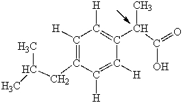 Ibuprofen is used as an analgesic for the relief of pain, and also to help reduce fever. What is the hybridization state of carbon indicated by the arrow in the structure of ibuprofen shown below?   A) sp B) sp<sup>2</sup> C) sp<sup>3</sup> D) sp<sup>3</sup>d E) sp<sup>3</sup>d<sup>2</sup>