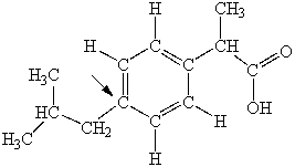 Ibuprofen is used as an analgesic for the relief of pain, and also to help reduce fever. What is the hybridization state of carbon indicated by the arrow in the structure of ibuprofen shown below?   A) sp B) sp<sup>2</sup> C) sp<sup>3</sup> D) sp<sup>3</sup>d E) sp<sup>3</sup>d<sup>2</sup>