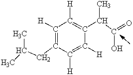 Ibuprofen is used as an analgesic for the relief of pain, and also to help reduce fever. What is the hybridization state of carbon indicated by the arrow in the structure of ibuprofen shown below?   A) sp B) sp<sup>2</sup> C) sp<sup>3</sup> D) sp<sup>3</sup>d E) sp<sup>3</sup>d<sup>2</sup>