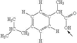 Ibuprofen is used as an analgesic for the relief of pain, and also to help reduce fever. What is the hybridization state of oxygen indicated by the arrow in the structure of ibuprofen shown below?   A) sp B) sp<sup>2</sup> C) sp<sup>3</sup> D) sp<sup>3</sup>d E) sp<sup>3</sup>d<sup>2</sup>