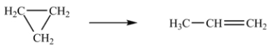At 700 K, the rate constant for the following reaction is 6.2 *10<sup>-4</sup> min<sup>-1</sup>.   How many minutes are required for 20% of a sample of cyclopropane to isomerize to propene? A) 1,120 min B) 360 min C) 3710 min D) 1.4 * 10<sup>-4</sup> min E) 280 min