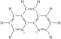 Assuming a coordination complex is formed with Fe<sup>2+</sup> and 1,10-phenanthroline (shown below) , which of the following statements is true?   A) If two 1,10-phenanthroline molecules are coordinated to the iron ion, then the coordination number is 2. B) If two 1,10-phenanthroline molecules are coordinated to the iron ion, then the coordination number is 6. C) If three 1,10-phenanthroline molecules are coordinated to the iron ion, then the coordination number is 3. D) If three 1,10-phenanthroline molecules are coordinated to the iron ion, then the coordination number is 6. E) If four 1,10-phenanthroline molecules are coordinated to the iron ion, then the coordination number is 4.
