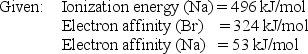  Calculate the energy required for the gas phase process represented by Na(g)+ Br(g) \rarr Na<sup>+</sup>(g)+ Br<sup> - </sup>(g)   