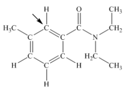 N,N-diethyl-m-tolumide (DEET) is the active ingredient in many mosquito repellents.What is the hybridization state of carbon indicated by the arrow in the structure of DEET shown below?   A) sp B) sp<sup>2</sup> C) sp<sup>3</sup> D) sp<sup>3</sup>d E) sp<sup>3</sup>d<sup>2</sup>
