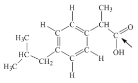 Ibuprofen is used as an analgesic for the relief of pain, and also to help reduce fever.What is the hybridization state of carbon indicated by the arrow in the structure of ibuprofen shown below?   A) sp B) sp<sup>2</sup> C) sp<sup>3</sup> D) sp<sup>3</sup>d E) sp<sup>3</sup>d<sup>2</sup>