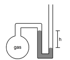 What is the pressure of the sample of gas trapped in the open-tube mercury manometer shown below if atmospheric pressure is 736 mmHg and h = 9.2 cm?   A) 92 mmHg B) 644 mmHg C) 736 mmHg D) 828 mmHg