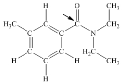 N,N-diethyl-m-tolumide (DEET) is the active ingredient in many mosquito repellents.What is the hybridization state of carbon indicated by the arrow in the structure of DEET shown below?   A) sp B) sp<sup>2</sup> C) sp<sup>3</sup> D) sp<sup>3</sup>d E) sp<sup>3</sup>d<sup>2</sup>