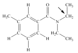 N,N-diethyl-m-tolumide (DEET) is the active ingredient in many mosquito repellents.What is the hybridization state of carbon indicated by the arrow in the structure of DEET shown below?   A) sp B) sp<sup>2</sup> C) sp<sup>3</sup> D) sp<sup>3</sup>d E) sp<sup>3</sup>d<sup>2</sup>