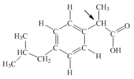 Ibuprofen is used as an analgesic for the relief of pain, and also to help reduce fever.What is the hybridization state of carbon indicated by the arrow in the structure of ibuprofen shown below?   A) sp B) sp<sup>2</sup> C) sp<sup>3</sup> D) sp<sup>3</sup>d E) sp<sup>3</sup>d<sup>2</sup>