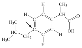 Ibuprofen is used as an analgesic for the relief of pain, and also to help reduce fever.What is the hybridization state of carbon indicated by the arrow in the structure of ibuprofen shown below?   A) sp B) sp<sup>2</sup> C) sp<sup>3</sup> D) sp<sup>3</sup>d E) sp<sup>3</sup>d<sup>2</sup>