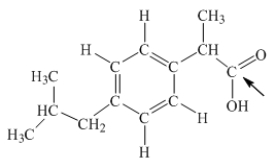 Ibuprofen is used as an analgesic for the relief of pain, and also to help reduce fever.What is the hybridization state of carbon indicated by the arrow in the structure of ibuprofen shown below?   A) sp B) sp<sup>2</sup> C) sp<sup>3</sup> D) sp<sup>3</sup>d E) sp<sup>3</sup>d<sup>2</sup>