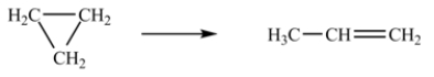 At 700 K, the rate constant for the following reaction is 6.2 × 10<sup>-4</sup> min<sup>-1</sup>.   How many minutes are required for 20% of a sample of cyclopropane to isomerize to propene? A) 1,120 min B) 360 min C) 3710 min D) 1.4 × 10<sup>-4</sup> min E) 280 min