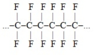 A portion of the polymer Teflon is shown here. The monomer that would be used to produce this polymer would consist of one carbon and two fluorine atoms.polymer (Teflon):  