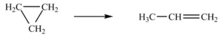 At 700 K, the rate constant for the following reaction is 6.2 * 10<sup>-4</sup> min<sup>-1</sup>.   How many minutes are required for 20% of a sample of cyclopropane to isomerize to propene A)  1,120 min B)  360 min C)  3710 min D)  1.4 * 10<sup>-4</sup> min E)  280 min
