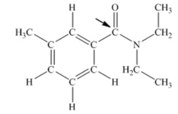 N,N-diethyl-m-tolumide (DEET)  is the active ingredient in many mosquito repellents. What is the hybridization state of carbon indicated by the arrow in the structure of DEET shown below   A)  sp B)  sp<sup>2</sup> C)  sp<sup>3</sup> D)  sp<sup>3</sup>d E)  sp<sup>3</sup>d<sup>2</sup>