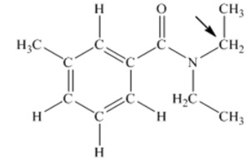 N,N-diethyl-m-tolumide (DEET)  is the active ingredient in many mosquito repellents. What is the hybridization state of carbon indicated by the arrow in the structure of DEET shown below    A)  sp B)  sp<sup>2</sup> C)  sp<sup>3</sup> D)  sp<sup>3</sup>d E)  sp<sup>3</sup>d<sup>2</sup>