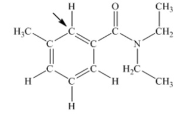 N,N-diethyl-m-tolumide (DEET)  is the active ingredient in many mosquito repellents. What is the hybridization state of carbon indicated by the arrow in the structure of DEET shown below    A)  sp B)  sp<sup>2</sup> C)  sp<sup>3</sup> D)  sp<sup>3</sup>d E)  sp<sup>3</sup>d<sup>2</sup>