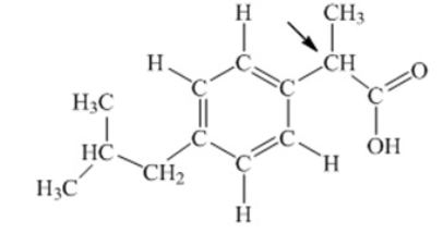 Ibuprofen is used as an analgesic for the relief of pain, and also to help reduce fever. What is the hybridization state of carbon indicated by the arrow in the structure of ibuprofen shown below   A)  sp B)  sp<sup>2</sup> C)  sp<sup>3</sup> D)  sp<sup>3</sup>d E)  sp<sup>3</sup>d<sup>2</sup>