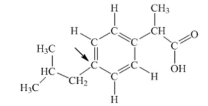 Ibuprofen is used as an analgesic for the relief of pain, and also to help reduce fever. What is the hybridization state of carbon indicated by the arrow in the structure of ibuprofen shown below   A)  sp B)  sp<sup>2</sup> C)  sp<sup>3</sup> D)  sp<sup>3</sup>d E)  sp<sup>3</sup>d<sup>2</sup>