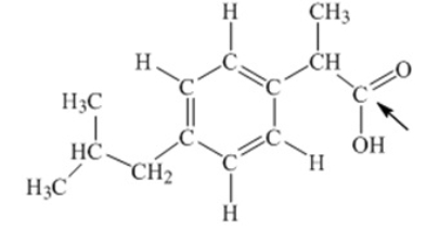 Ibuprofen is used as an analgesic for the relief of pain, and also to help reduce fever. What is the hybridization state of carbon indicated by the  arrow in the structure of ibuprofen shown below   A)  sp B)  sp<sup>2</sup> C)  sp<sup>3</sup> D)  sp<sup>3</sup>d E)  sp<sup>3</sup>d<sup>2</sup>