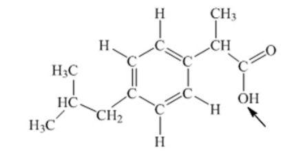 Ibuprofen is used as an analgesic for the relief of pain, and also to help reduce fever. What is the hybridization state of oxygen indicated by the arrow in the structure of ibuprofen shown below   A)  sp B)  sp<sup>2</sup> C)  sp<sup>3</sup> D)  sp<sup>3</sup>d E)  sp<sup>3</sup>d<sup>2</sup>