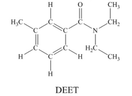 N,N-diethyl-m-tolumide (DEET) is the active ingredient in many mosquito repellents.   There are 30 sigma bonds and 4 pi bonds are contained in a DEET molecule.