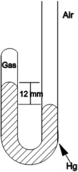 <strong>What is the pressure of the gas trapped in the apparatus shown below when the atmospheric pressure is 720 mmHg ? </strong> A) 12 mmHg B) 708 mmHg C) 720 mmHg D) 732 mmHg E) 760 mmHg