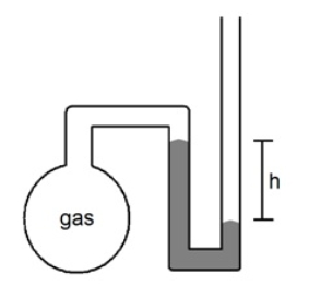 What is the pressure (mmHg)  of the sample of gas trapped in the open-tube mercury manometer shown below if atmospheric pressure is 742 mmHg and h = 16.7 cm   A)  375 mmHg B)  475 mmHg C)  575 mmHg D)  675 mmHg E)  None of the Above