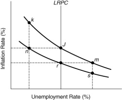 Use the following to answer questions  Figure: Determining Long Run and Short Run Economic Shifts   -(Figure: Determining Long Run and Short Run Economic Shifts) Starting at point r,the economy will move to ____ in the long run if policymakers successfully increase aggregate demand. A)  m B)  s C)  j D)  n