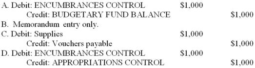 <strong>Note: This is a Kaplan CPA Review Question Albee Township's fiscal year ends on June 30. Albee uses encumbrance accounting. On April 5, 20X5, an approved $1,000 purchase order was issued for supplies. Albee received these supplies on May 2, 20X5, and the $1,000 invoice was approved for payment. What journal entry should Albee make on April 5, 20X5, to record the approved purchase order?  </strong> A) Option A B) Option B C) Option C D) Option D <div style=padding-top: 35px> 