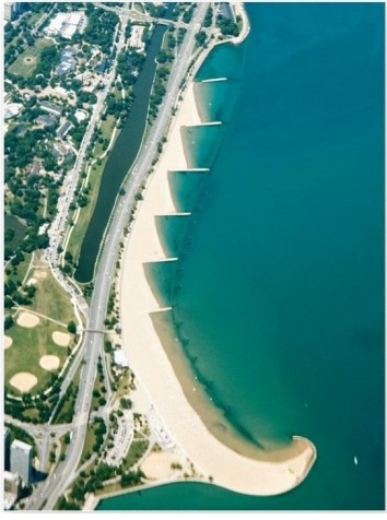   Which are these features,here from Lake Michigan,that disrupt sediment movement along a coast? A) Breakwaters. B) Groins. C) Jetties. D) Tombolos.