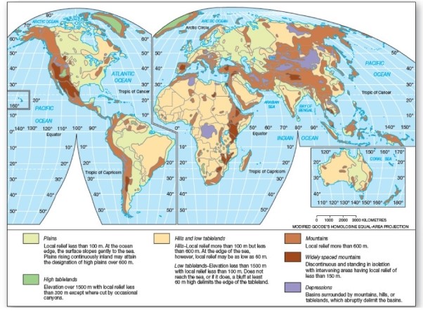   Africa is dominated by which topographic region? A) Plains. B) Mountains. C) Hills and low tablelands. D) High tablelands.