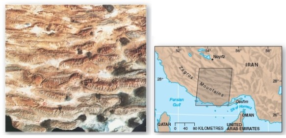  The Zagros Mountains of Iran is an example of which of the following? A) A series of faulted mountain blocks. B) A zone of tension. C) A zone of shearing motions. D) A zone of compression and folding.