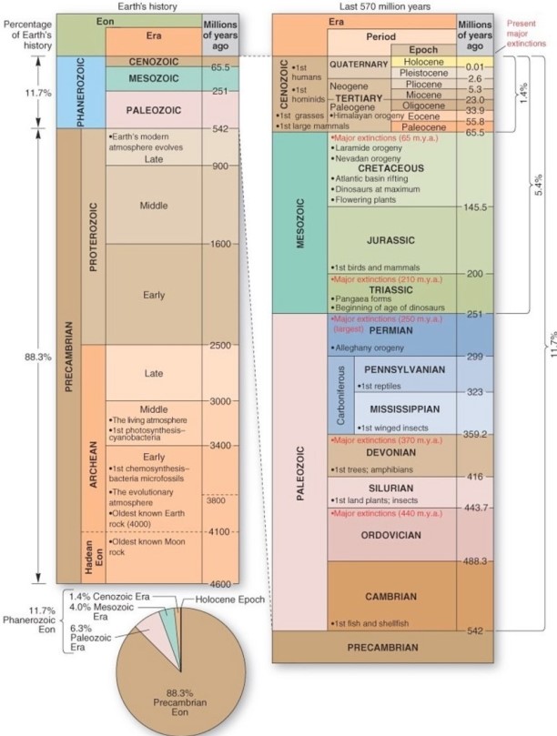   The Precambrian Eon encompasses what percentage of Earth's total history? A) 0) 04%. B) 5%. C) 11.7%. D) 88.3%.