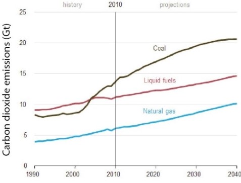   Which describes CO2 emissions since 1990? A) These have increased for all fuel types,with projections of future increases for all fuel types. B) These increased through the 1990s and 2000s,but are projected to decrease in the coming decades. C) These increased overall.However,these increases varied by fuel type,with coal actually showing a decrease. D) These decreased through the 1990s and 2000s,but are projected to increase again in the coming decades due to rapid population growth in less developed nations.