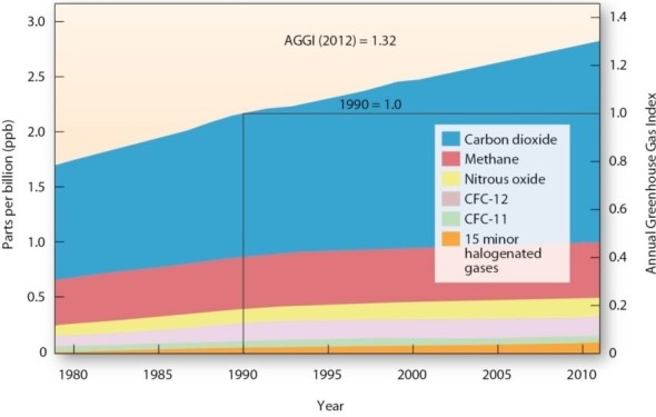   Which of the following gases accounts for the largest amount of radiative forcing? A) Carbon dioxide (CO2) . B) Nitrous oxides (N2O) . C) Chlorofluorocarbons (CFCs) . D) Methane (CH4) .