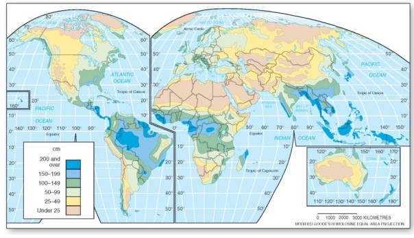   Regarding average annual precipitation,which of the following is correct? A) The highest amounts occur throughout subtropical latitudes. B) The drier regions are associated with the eastern portions of major landmasses. C) The precipitation tends to increase with latitude toward the poles. D) The highest average values occur along the equator.