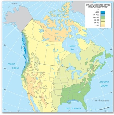   Which of the following is true of precipitation in North America? A) The highest amounts occur in the Southwest and Midwest. B) The highest amounts occur in the Southeast and extreme South. C) The lowest amounts are received in the Midwest. D) The lowest amounts are received near Hudson Bay.